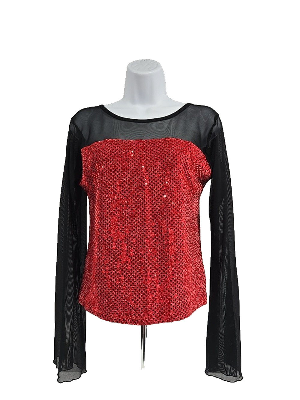 Vintage Womens Black Sheer Mesh Top Long Sleeve Red Sequined Panel Size L USA